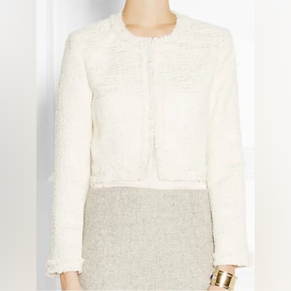 Alice + Olivia White Tweed Fringe Blazer Jacket Small